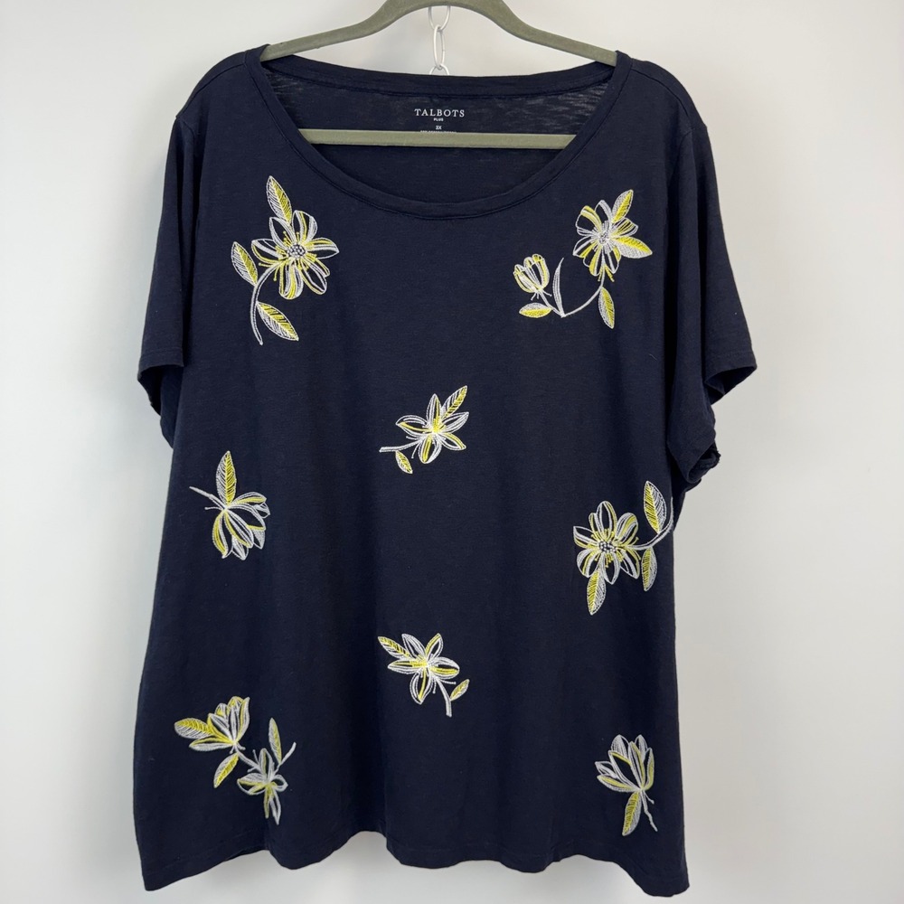Talbots Plus Womens 3X Navy Blue Floral Embroidered Cotton Modal T-Shirt IN5327